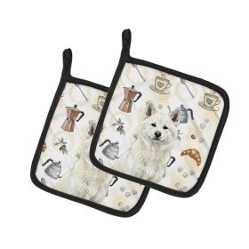 White Akita Coffee Bar Pair of Pot Holders Pair 7.5x7.5 Quilted Insulated Hot Pads Decorative Kitchen Gift Made in USA