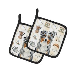 Blue Merle Australian Shepherd Coffee Bar Pair of Pot Holders Pair 7.5x7.5 Quilted Insulated Hot Pads Decorative Kitchen Gift Made in USA