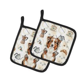 Red Merle Australian Shepherd Coffee Bar Pair of Pot Holders Pair 7.5x7.5 Quilted Insulated Hot Pads Decorative Kitchen Gift Made in USA
