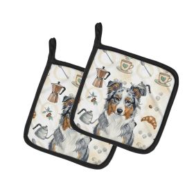 Blue Merle American Shepherd Coffee Bar Pair of Pot Holders Pair 7.5x7.5 Quilted Insulated Hot Pads Decorative Kitchen Gift Made in USA