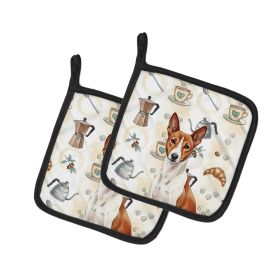 Red and White Basenji Coffee Bar Pair of Pot Holders Pair 7.5x7.5 Quilted Insulated Hot Pads Decorative Kitchen Gift Made in USA