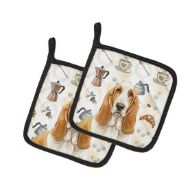Lemon and White Basset Hound Coffee Bar Pair of Pot Holders Pair 7.5x7.5 Quilted Insulated Hot Pads Decorative Kitchen Gift Made in USA