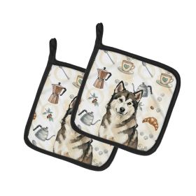Sable and White Alaskan Malamute Coffee Bar Pair of Pot Holders Pair 7.5x7.5 Quilted Insulated Hot Pads Decorative Kitchen Gift Made in USA