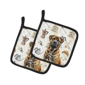 Brindle Boerboel Coffee Bar Pair of Pot Holders Pair 7.5x7.5 Quilted Insulated Hot Pads Decorative Kitchen Gift Made in USA
