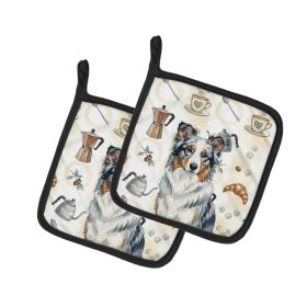 Blue Merle Border Collie Coffee Bar Pair of Pot Holders Pair 7.5x7.5 Quilted Insulated Hot Pads Decorative Kitchen Gift Made in USA