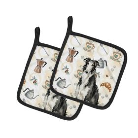 Black and White Borzoi Coffee Bar Pair of Pot Holders Pair 7.5x7.5 Quilted Insulated Hot Pads Decorative Kitchen Gift Made in USA