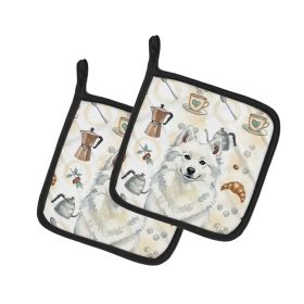 American Eskimo Coffee Bar Pair of Pot Holders Pair 7.5x7.5 Quilted Insulated Hot Pads Decorative Kitchen Gift Made in USA