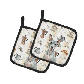 American Hairless Terrier Coffee Bar Pair of Pot Holders Pair 7.5x7.5 Quilted Insulated Hot Pads Decorative Kitchen Gift Made in USA