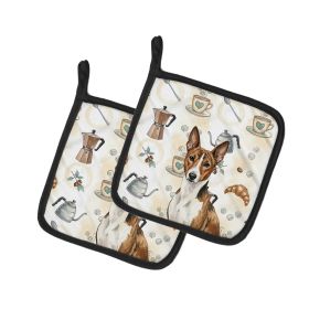 Brindle and White Basenji Coffee Bar Pair of Pot Holders Pair 7.5x7.5 Quilted Insulated Hot Pads Decorative Kitchen Gift Made in USA
