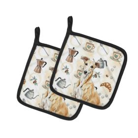 Fawn Greyhound Coffee Bar Pair of Pot Holders Pair 7.5x7.5 Quilted Insulated Hot Pads Decorative Kitchen Gift Made in USA