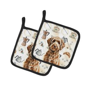 Chocolate Labradoodle Coffee Bar Pair of Pot Holders Pair 7.5x7.5 Quilted Insulated Hot Pads Decorative Kitchen Gift Made in USA