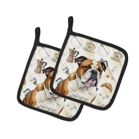 Brindle and White English Bulldog Coffee Bar Pair of Pot Holders Pair 7.5x7.5 Quilted Insulated Hot Pads Decorative Kitchen Gift Made in USA
