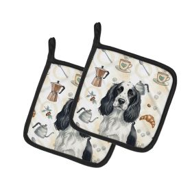 Black and White English Springer Spaniel Coffee Bar Pair of Pot Holders Pair 7.5x7.5 Quilted Insulated Hot Pads Decorative Kitchen Gift Made in U