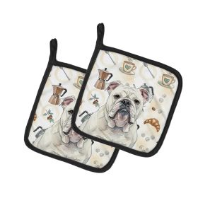 White English Bulldog Coffee Bar Pair of Pot Holders Pair 7.5x7.5 Quilted Insulated Hot Pads Decorative Kitchen Gift Made in USA