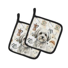 White with Gray Coton de Tulear Coffee Bar Pair of Pot Holders Pair 7.5x7.5 Quilted Insulated Hot Pads Decorative Kitchen Gift Made in USA