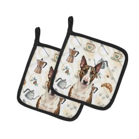 Brindle and White Bull Terrier Coffee Bar Pair of Pot Holders Pair 7.5x7.5 Quilted Insulated Hot Pads Decorative Kitchen Gift Made in USA