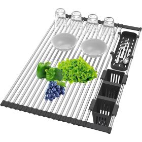 Extra Large Stretchable Roll Up Dish Drying Rack with 2 Removable Utensil Baskets Foldable Over Sink Stainless Steel Dish Drying Rack 12.59in to